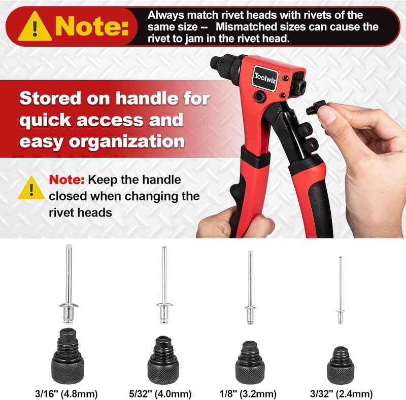 Toolwiz Rivet Gun One-Handed Rivet Gun Kit with 200pcs Rivets, 4pcs Tool-Free Interchangeable Heads and 4pcs Drill Bits - Heavy Duty Hand Riveter for Metal, Wood, Plastic, Leather, Fabric - Image 5